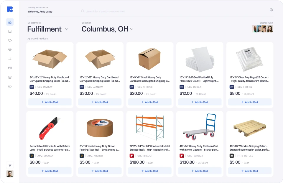 a screenshot of Response's interface, showing products categorized by department and location